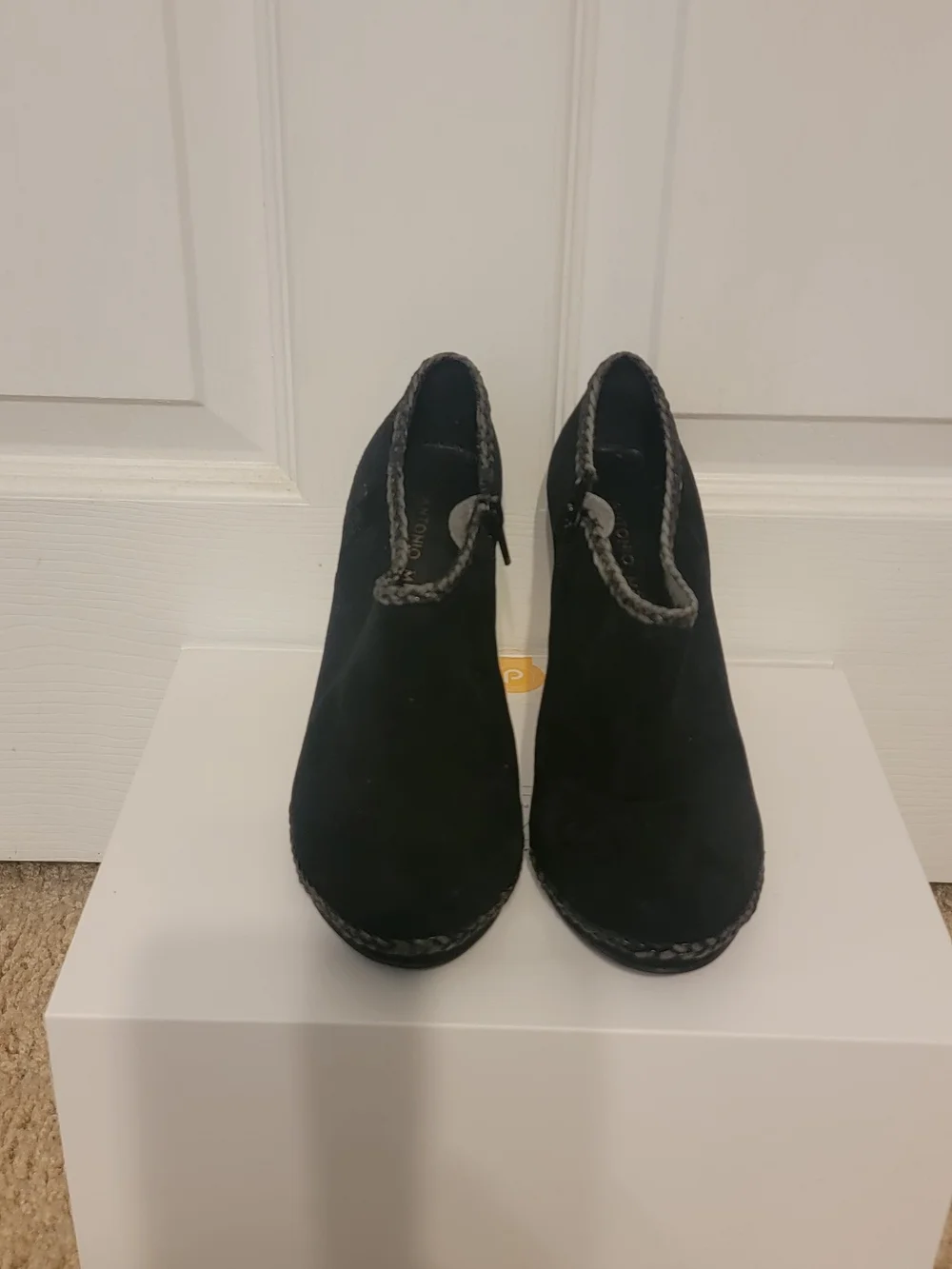 ANTONIO MELANI Black Suede Braided Trim High-Heel Ankle Booties